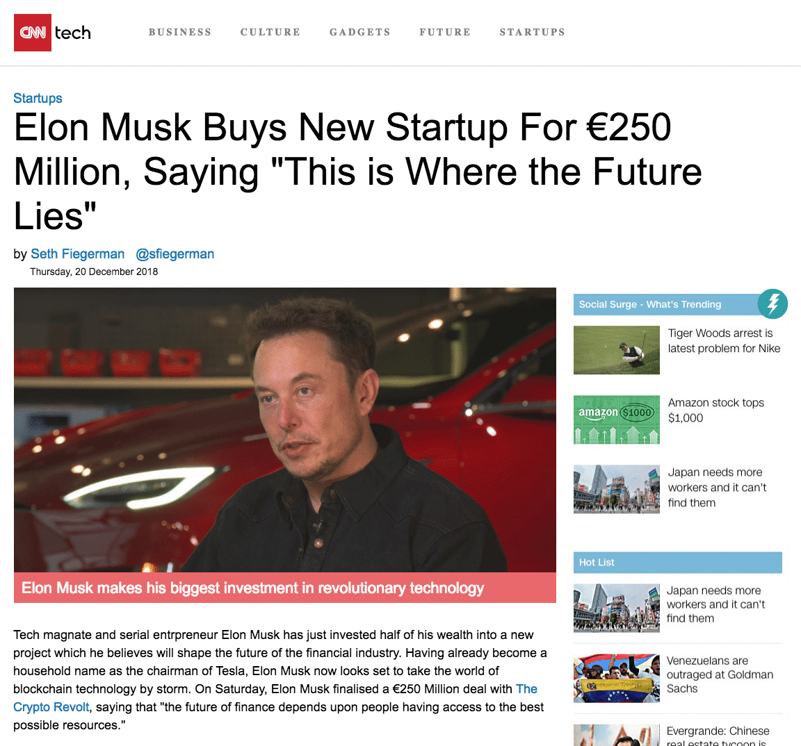 Falsk nyhetsartikel om Elon Musk.