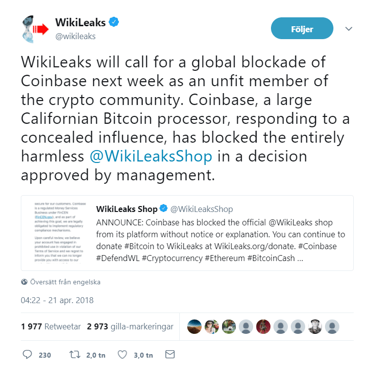Wikileaks calls for a global blockade of Coinbase this week.