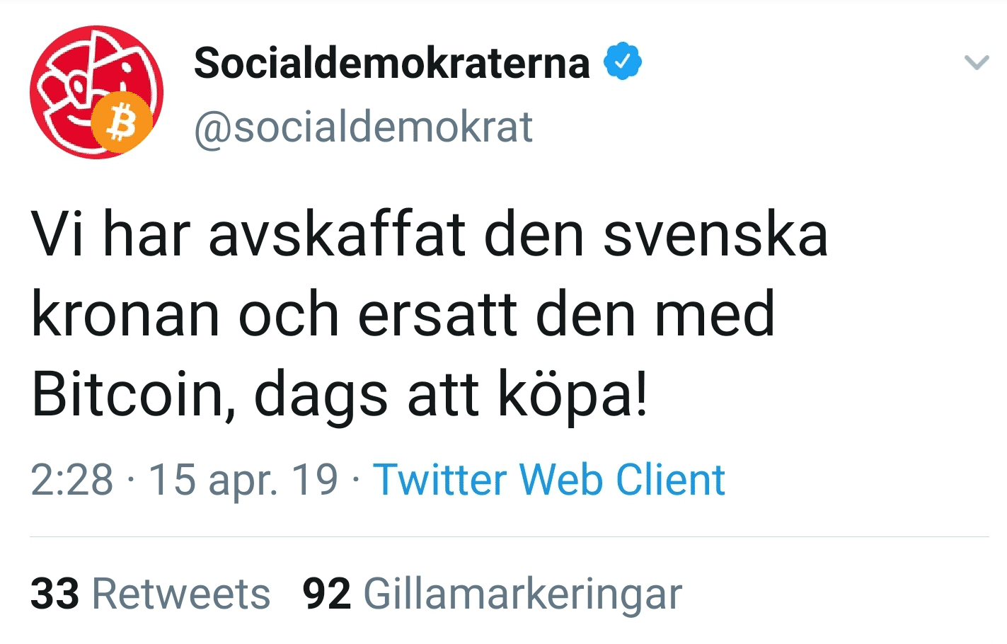 Swedish Social Democratic Party's Twitter account hacked.