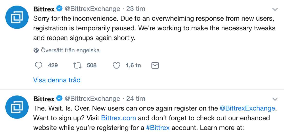 Bittrex tweet om att de tvingades stänga registreringen igen.