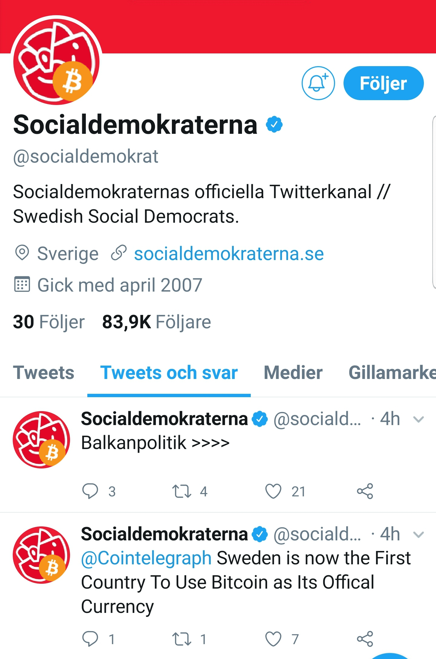 Swedish Social Democratic Party's Twitter account hacked.