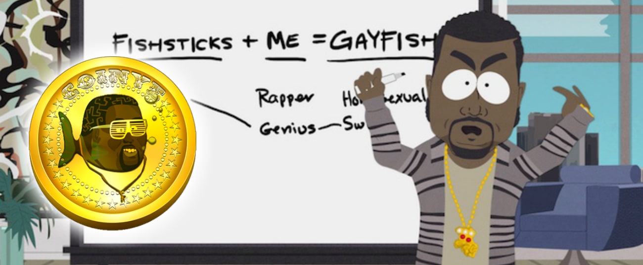Loggan för kryptovalutan Coinye, och scen ur South Park-avsnittet om Kanye West. 