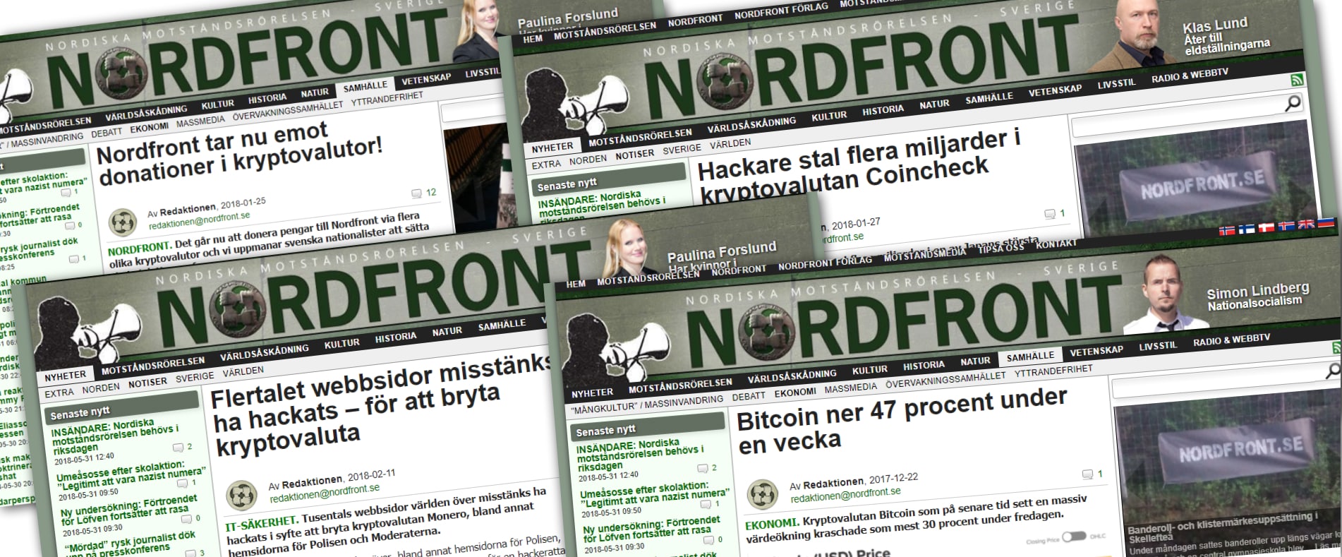 Några av de artiklar Nordiska motståndsrörelsens nättidning Nordfront har skrivit om kryptovalutor. 