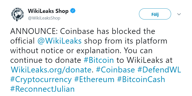 Wikileaks shop skriver på Twitter om nedstängningen av deras konto hos Coinbase.