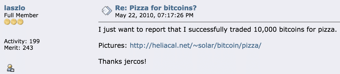 Laszlo Hanyecz lyckades 2010 köpa pizza för 10 000 bitcoins.