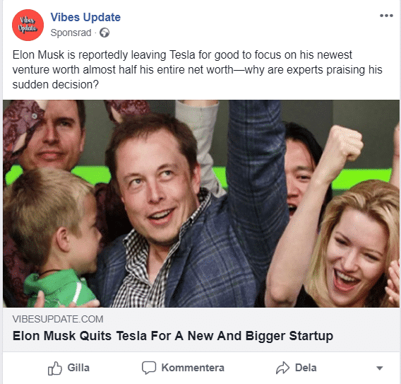 Falskt inlägg på Facebook om Elon Musk.