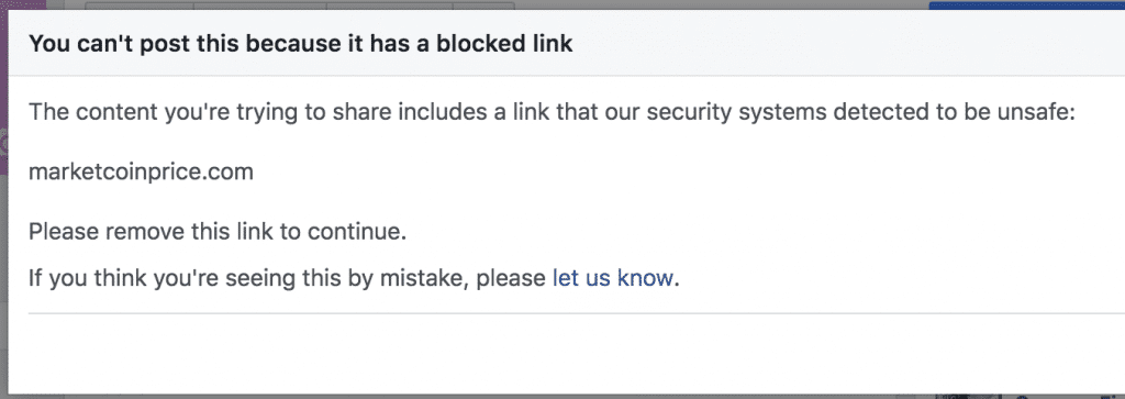 Links to the crypto site Marketcoinprice are being blocked by Facebook.